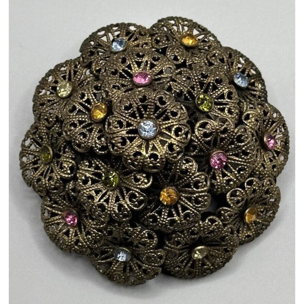 Vintage Czech Brass and Rhinestone‎ Domed Filigree Pin Brooch